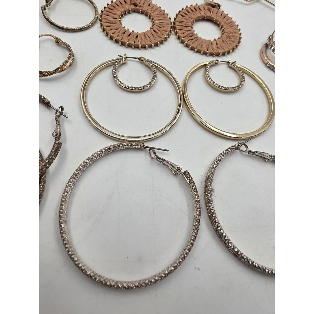Hoop Earring Lot 12 Pairs Gold Silver Rose Gold Rhinestone Geometric Woven Set